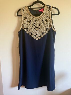 Lilly Pulitzer Navy Shift Dress Gold Crochet Lace Yoke Sleeveless Size 4